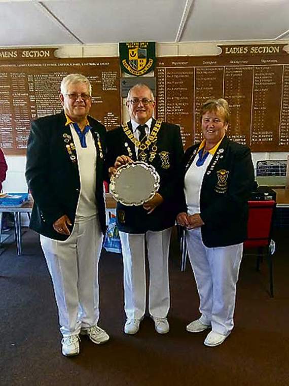 Kensey Vale’s Peter and Nicola Gilbert with Bowls Cornwall President Peter Prynne (centre) after winning the County Mixed Pairs at Bickford Smith on Friday, September 14.