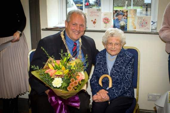Mayor, Bob Willingham, presented Margaret with a bouquet of flowers to celebrate her 100th birthday. Pictures: Bob Willingham