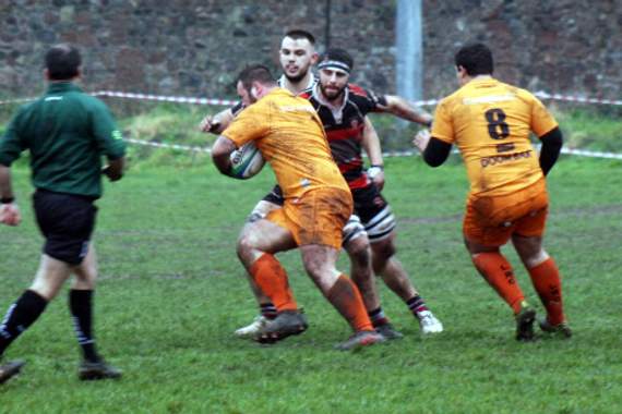 Loosehead-prop Rikki Bentham had another solid game at Teignmouth. He’s pictured here looking to make some yards as number eight Brandon Rowley supports him during the Cornish All Blacks’ 22-8 victory in South Devon on Saturday. Pictures: Lorna Gray