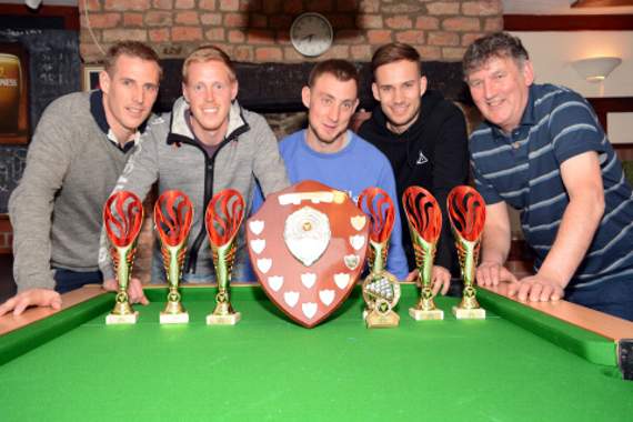 Golden Fleece B claimed the Division Four crown by eight points from Chapmans Well Caravan Park and also reached the semi-final of the Team Cup before losing 4-1 to the eventual champions Old Market Inn B. Pictured from left: Nick Lapham, Ian Sampson, Toby Durling, James Gilbert and Steve Durling.