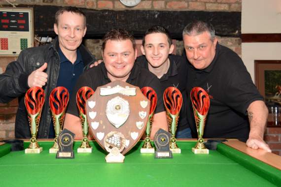 Magpie/RBL A won Division Two by a massive 16 points from runners-up Orchard Mayhems, winning 16 of their 18 fixtures and losing just 24 of their 90 frames. Pictured from left: Jason Jones, Tod Davies, Josh Sparkes and Nigel Edwards. Missing from picture: Phil Neve and Phil Luxton.