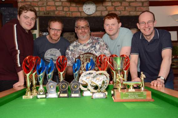 Old Market Inn B secured the league and cup double in the 2018/19 season by winning both Division One and the Team Cup. Jordan Masters and Des Jose also won the Open Doubles together. Pictured from left: Aaron Masters, David Sillifant, Steve Sweeney, Jordan Masters and Des Jose. Missing from picture: Jeremy Spry. Pictures: Rodney Parrish