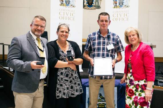 Pictured from left: Cllr Peter La Broy, Laila Crum, Paul Crum and Cllr Mary May.