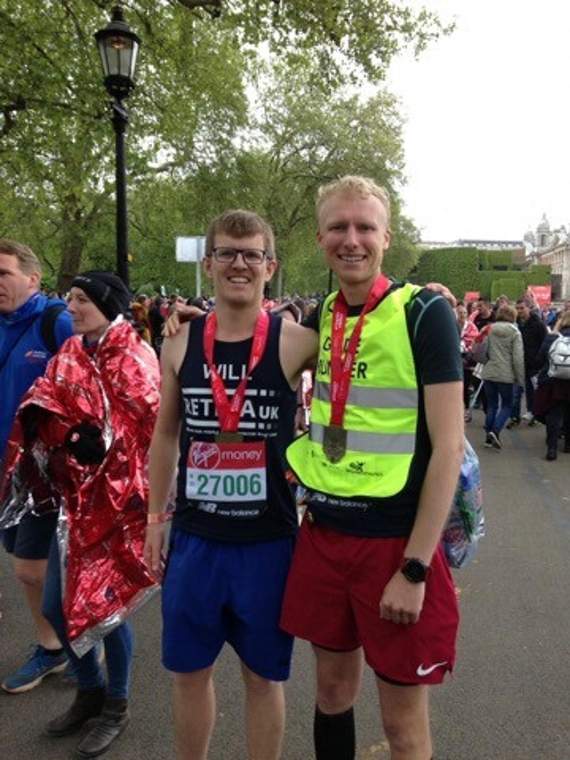 Tim and Will at the end of the marathon.