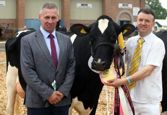 Roland Ley of Holsworthy with judge David Jones. Mr Ley took the reserve champion and best resident in Devon prize in the Holstein dairy section. Pictures: Adrian Jasper