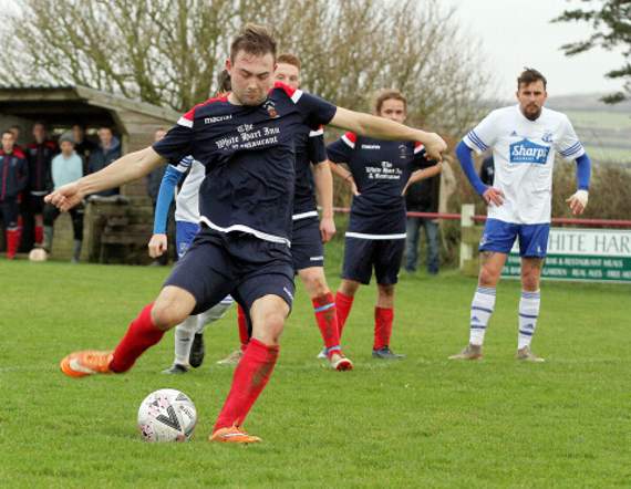 Midfielder Sam Brown slots home a penalty to put St Teath 2-1 up against St Minver in the RRL East Cornwall Premier League. Picture: David Flower