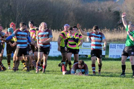 Matt Williams crashes over from close range for Bude’s second try against North Tawton at Bencoolen Meadow on Saturday. Pictures: Paul Hamlyn