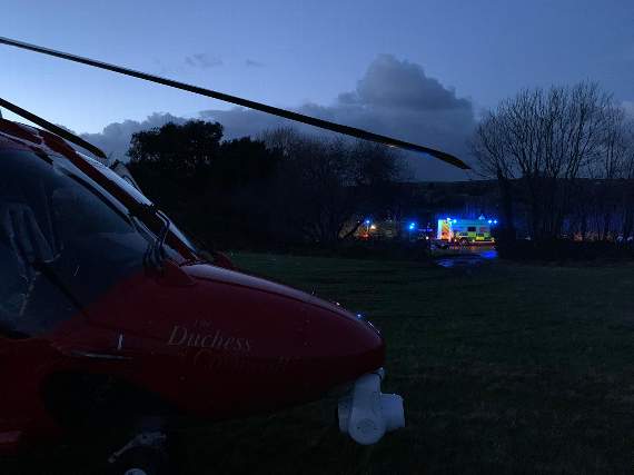 The air ambulance helicopter at the scene of the accident