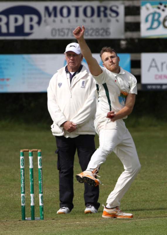 Sam Pengelly bowls at the end of the Penzance innings