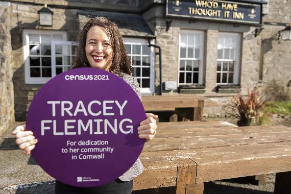 Tracey Fleming of the Who'd Have Thought It Inn in St Dominick with her purple plaque