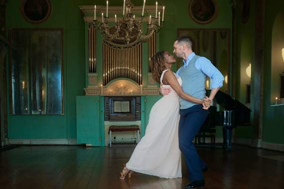 Oti Mabuse and her partner Marius Iepure are transported back in time as they visit Powderham Castle, Devon, and dance in the romantic ‘secret’ music room in a short film from Historic England. Photo Artur Tixiliski