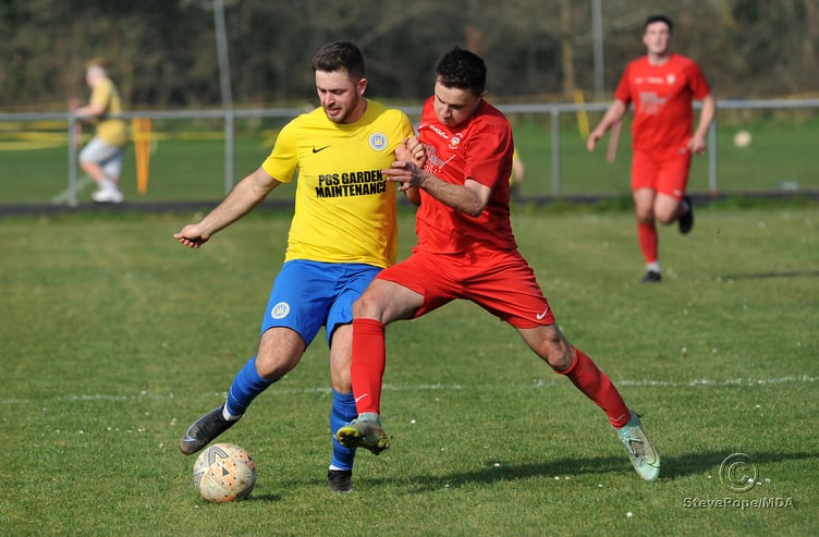Action from Kingsteignton Athletic’s 3-0 win over Watts Blake Bearne in Saturday’s Herald Cup quarter-final.