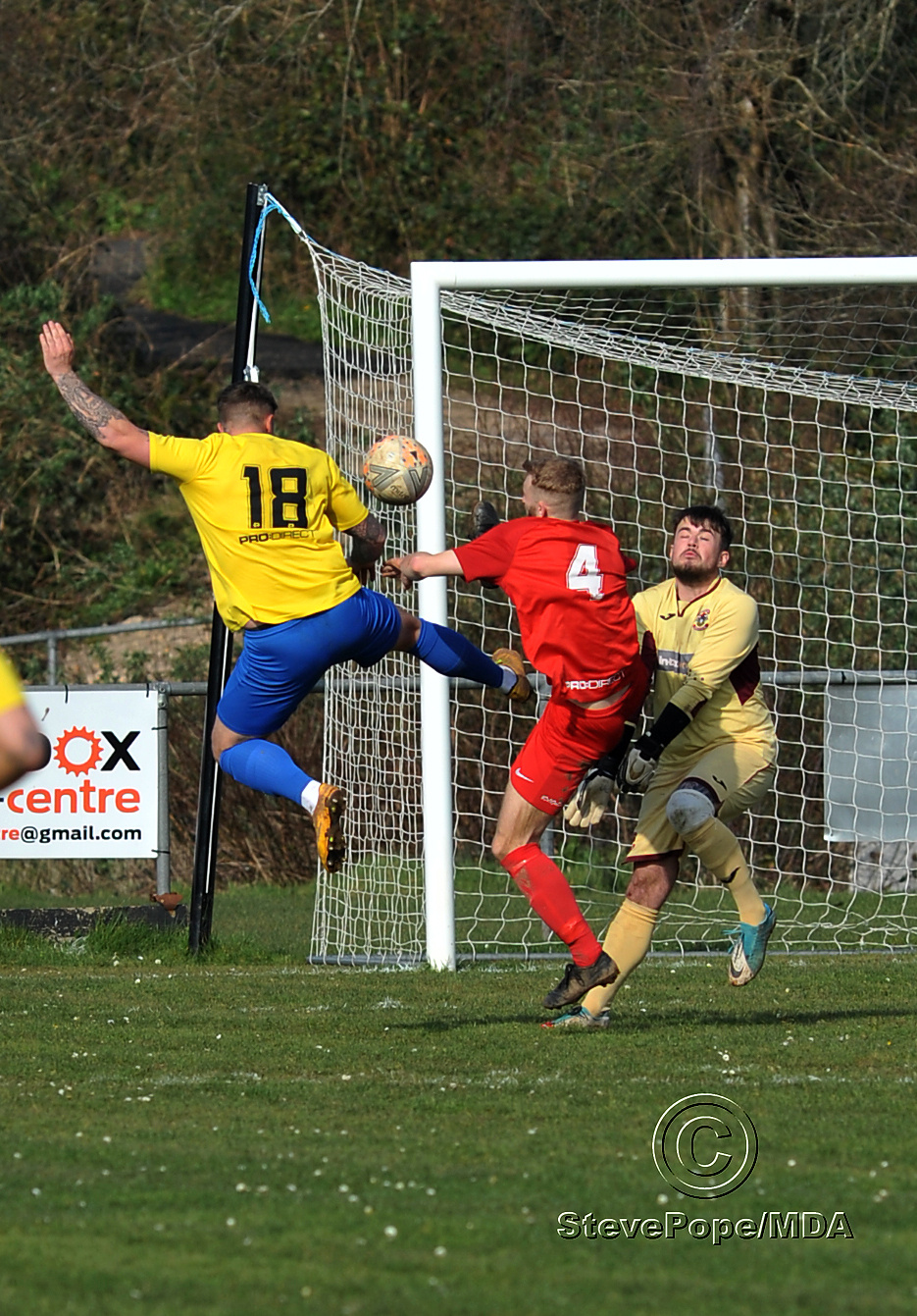 Action from Kingsteignton Athletic’s 3-0 win over Watts Blake Bearne in Saturday’s Herald Cup quarter-final.