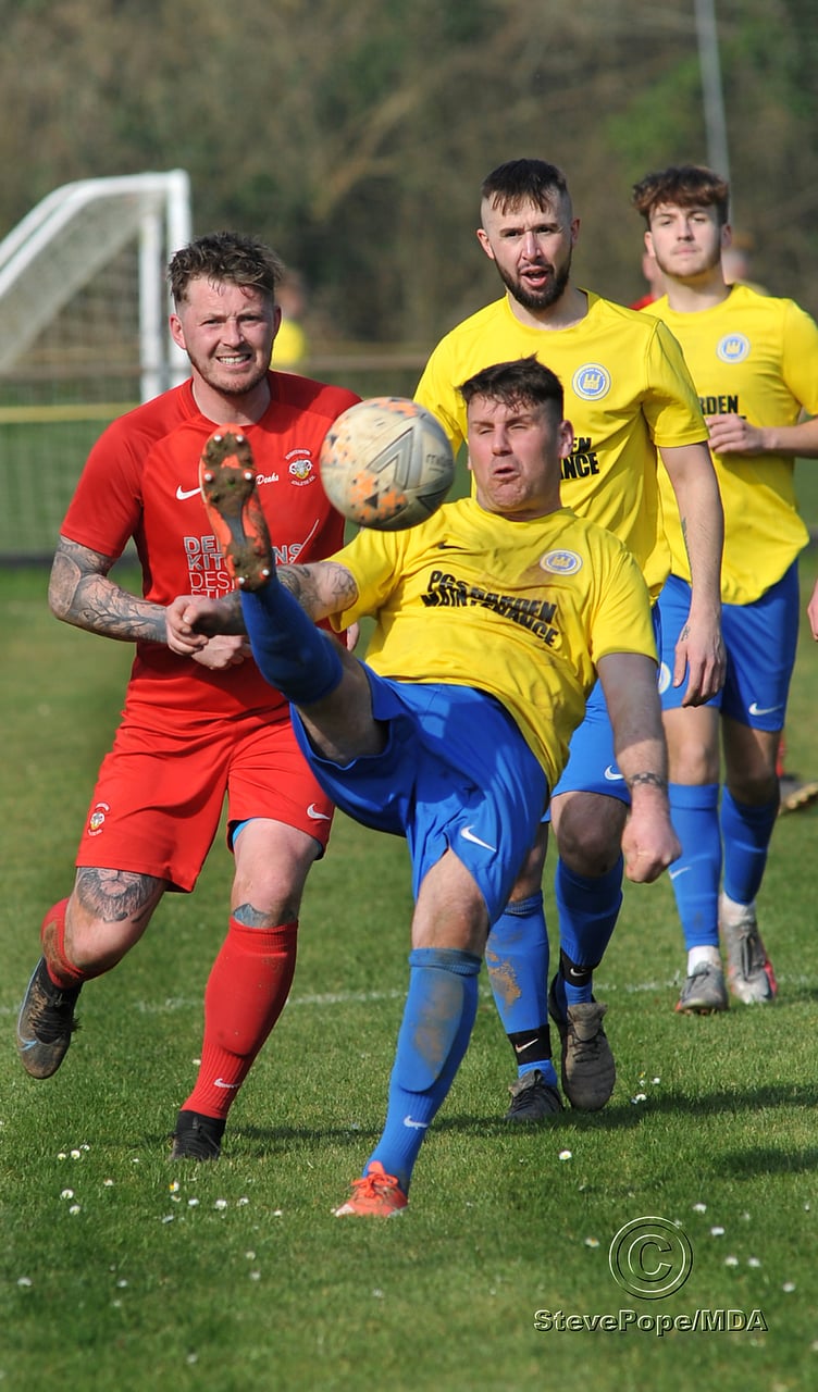 Action from Kingsteignton Athletic’s 3-0 win over Watts Blake Bearne in Saturday’s Herald Cup quarter-final.