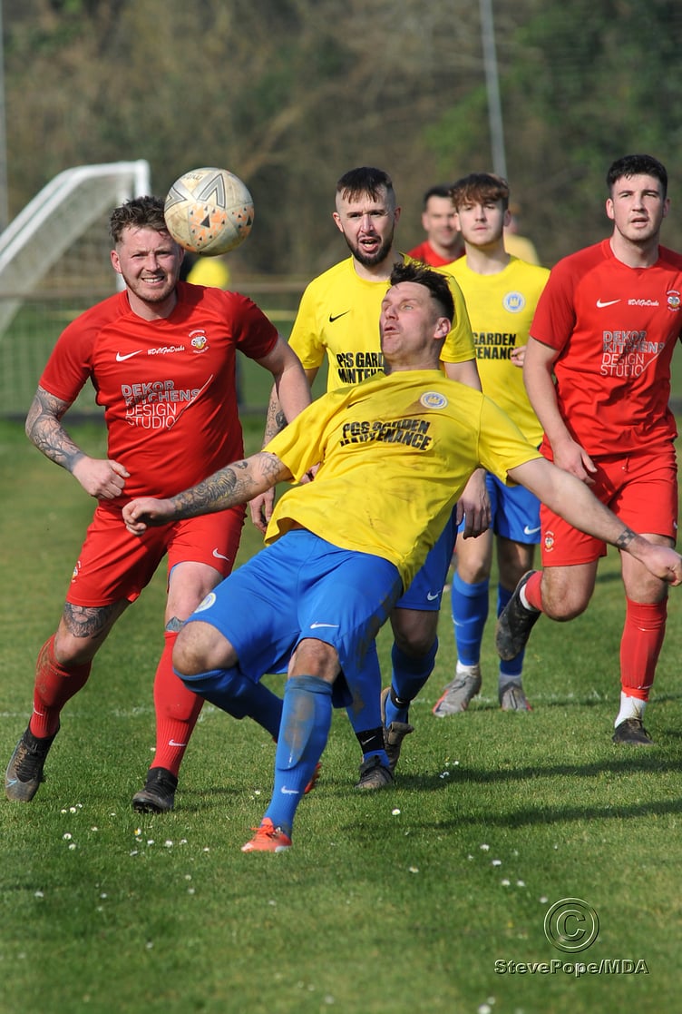 Action from Kingsteignton Athletic’s 3-0 win over Watts Blake Bearne in Saturday’s Herald Cup quarter-final.