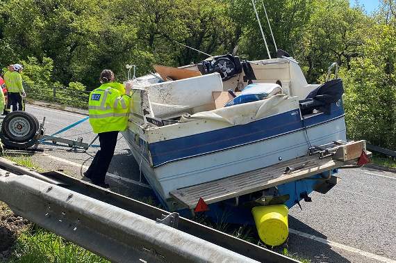 Highways officers helped to deal with debris from a boat on the A30 near Okehampton after a collision