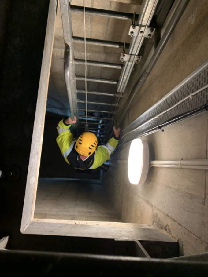 The ladders inside one of the bridge towers