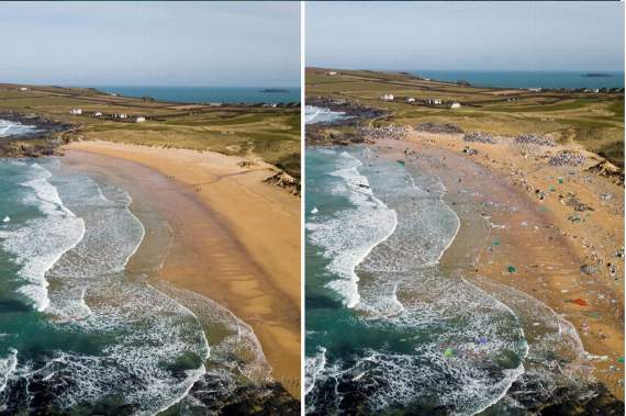 The shocking compare and contrast images of Constantine Bay on Cornwall's North Coast showing what could happen to this currently pristine beach if people continue to leave their litter behind without disposing of it.