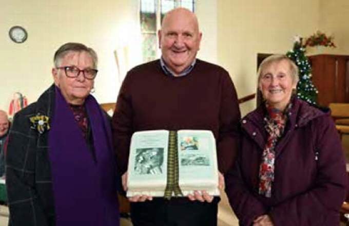 Pictured are the brother and sisters of the late Les Avery, to whom the book was dedicated. Les spent a lifetime in the slate industry, mainly at Delabole and latter at Trevillett Quarry. Along with the cake made by Brenda Burnard of Delabole are Mary Saltern, Brian Avery and Ann Scawn