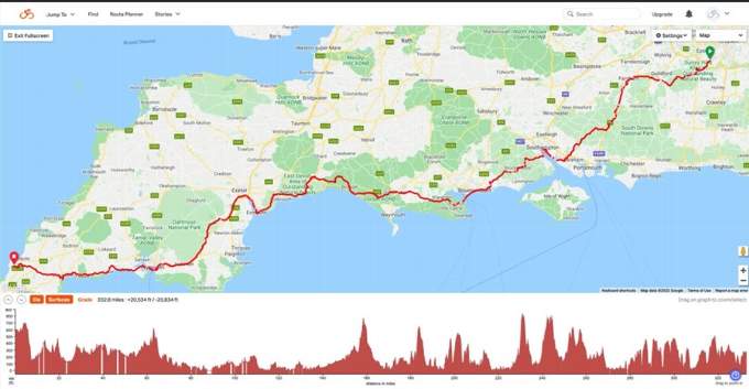 A map and gradients profile page showing Steve's route right across southern England.