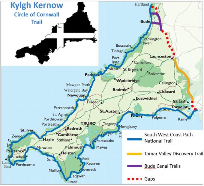 A map showing how the planned Tamar Valley Discovery Trail will link in with other walking routes in Cornwall including the South West Coast Path and the Bude Canal Trails.