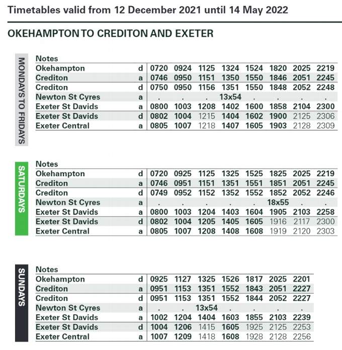 The new Okehampton to Exeter timetable starting on Sunday, December 12.