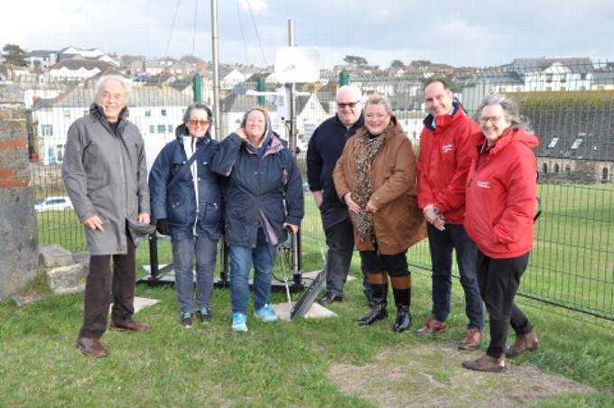 Bude-Stratton town councillors Paul Tilzey, Philippa Purchase, Jackie Diffey, and Tom O’Sullivan at the new weather station with Dr Karen J Dickens, Cornwall Air Ambulance Trust chief executive Tim Bunting and senior fundraising manager Debbie-Marie Henshaw