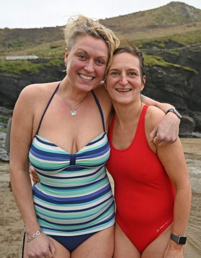 Off for a New Years Day Swim are Liz and Jo