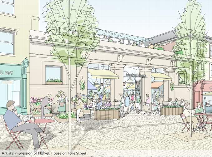 An artist's impression of how Fore Street could soon look outside the Market House.
