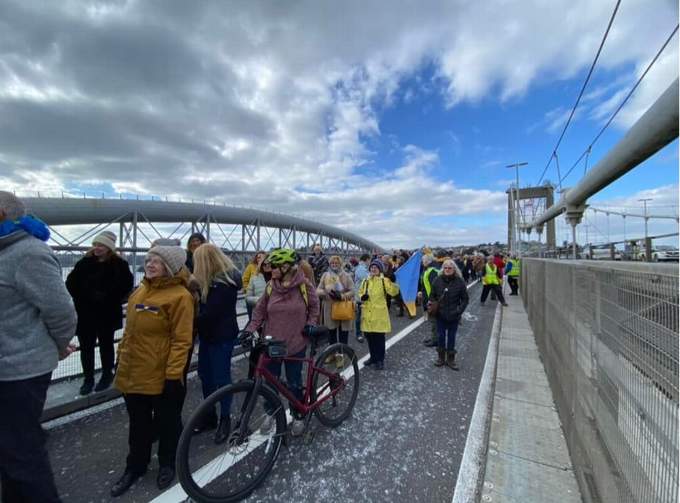 People stream across the Tamar Bridge from Saltash ready to meet the people of Plymouth in a show of opposition to Putin's war. Picture: Sue Hooper