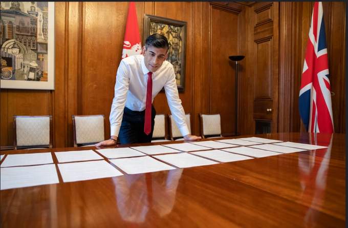 An official Her Majesty's Treasury photo of Chancellor of the Exchequer Rishi Sunak preparing his Spring Statement.