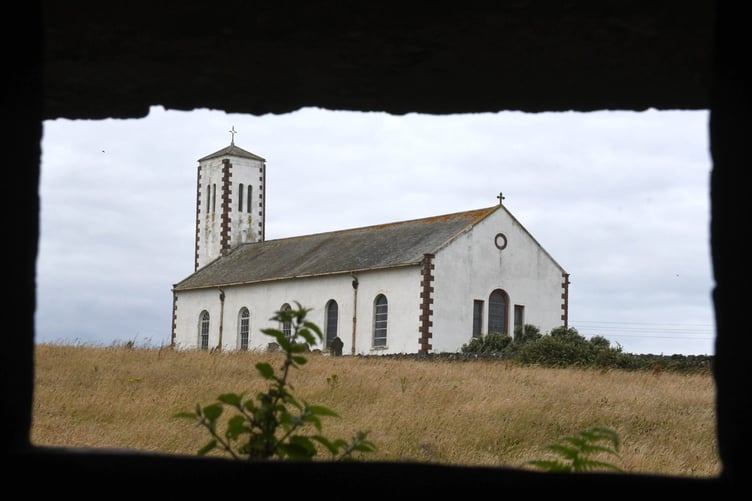 Jurby Church, as seen from a Second World War pillbox located on private land -