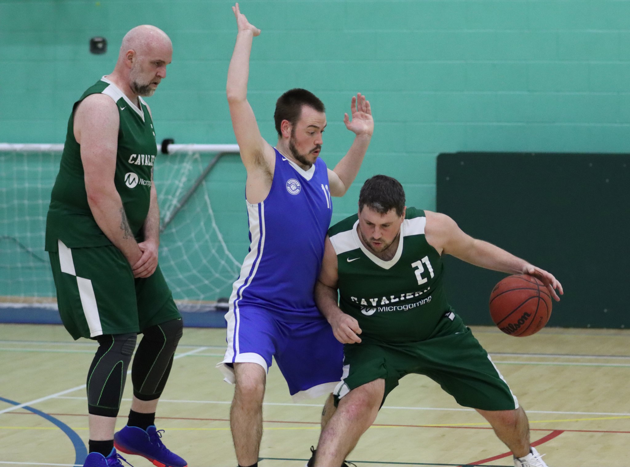 Ben Campbell plays defence against Sergio Arboleya as Dave Minay (left) moves in to set the screen in the Wolves versus Cavaliers game (Photo: Ollie Smith)
