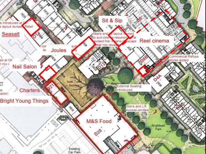 A plan of Brightwells Yard, with retailers believed to be coming to Farnham marked in red