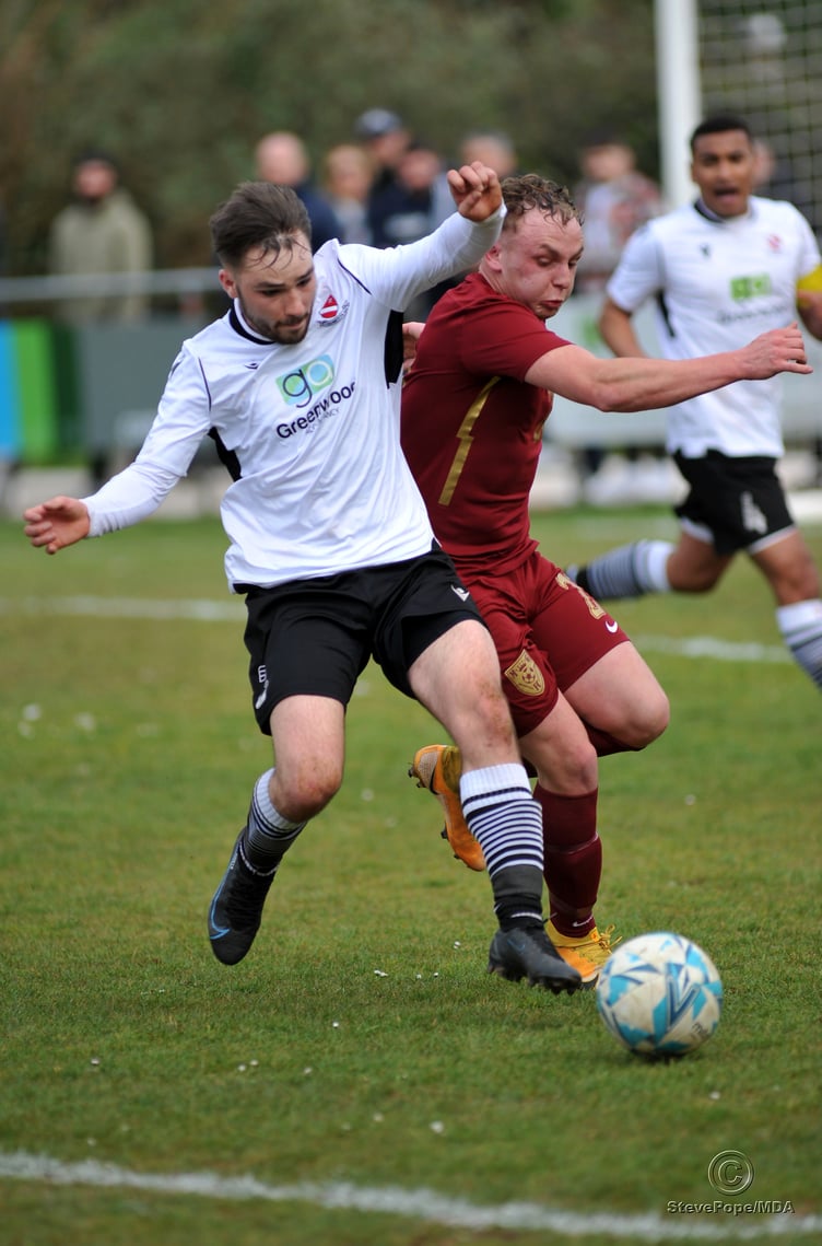 Action from the top of the table Devon Football League South & West clash between Teignmouth and Mount Gould last Saturday. (Steve Pope/MDA)