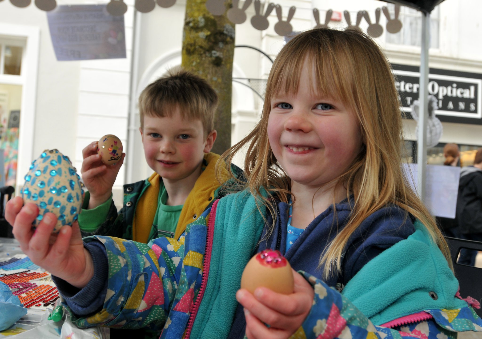 Easter egg decorating for youngsters. Alana and Owen Adams-Jeynes from Newton Abbot show off their handiwork.