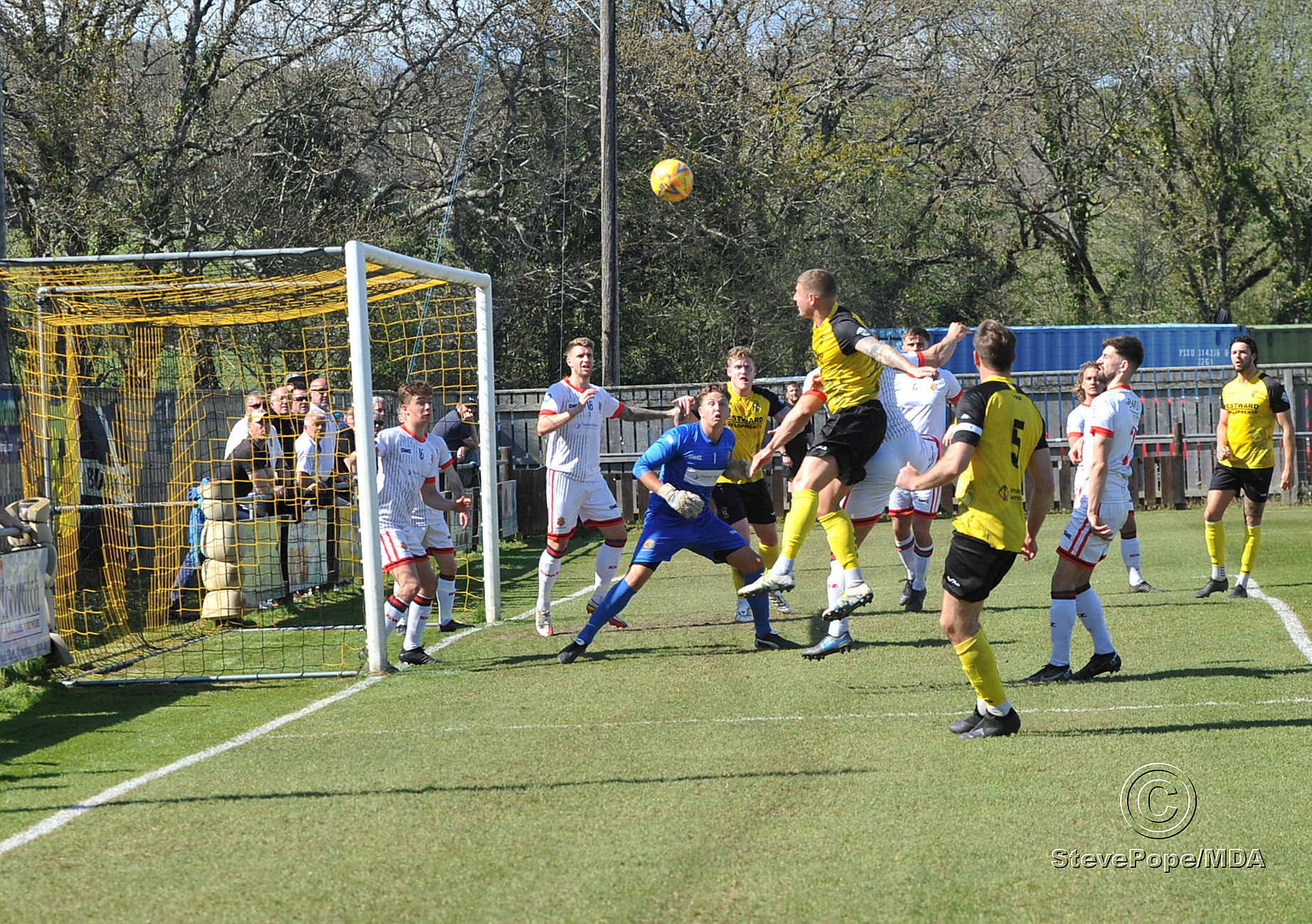 Action from Buckland Athletic’s hard-fought 0-0 draw at home to Tavistock on Good Friday.