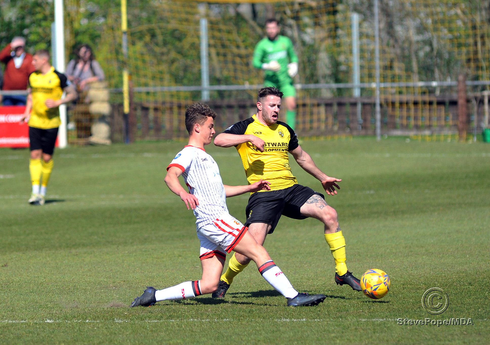 Action from Buckland Athletic’s hard-fought 0-0 draw at home to Tavistock on Good Friday.