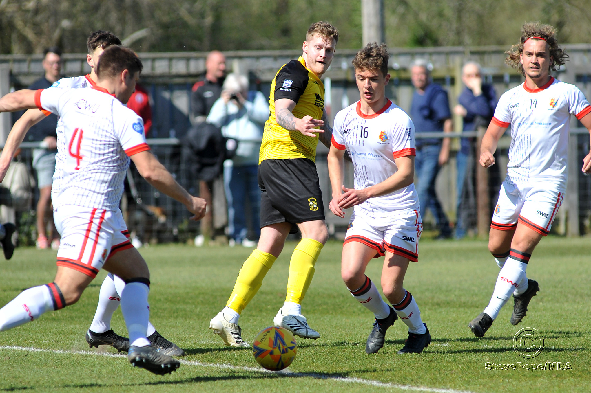 Action from Buckland Athletic’s hard-fought 0-0 draw at home to Tavistock on Good Friday.