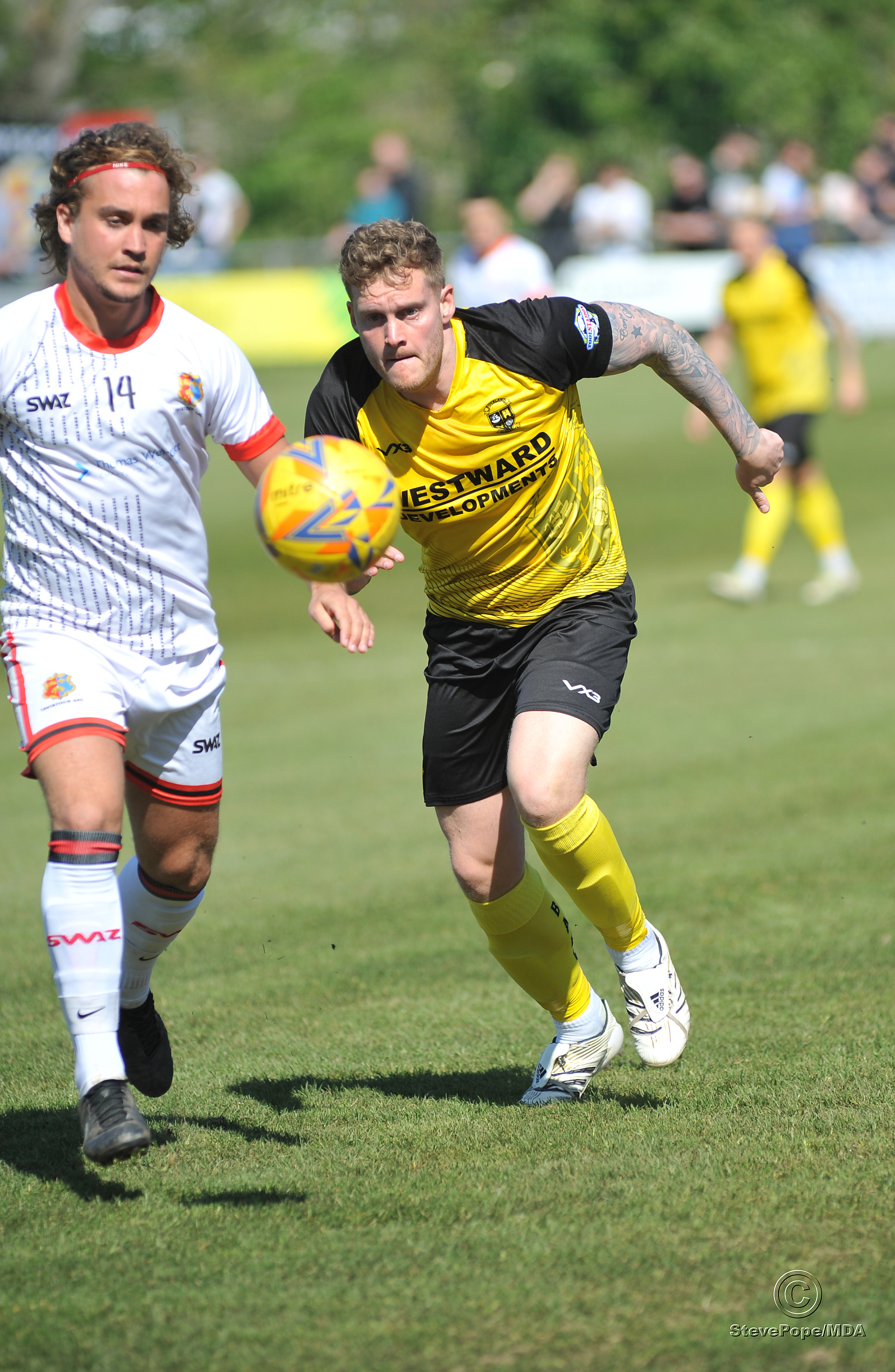 Action from Buckland Athletic’s hard-fought 0-0 draw at home to Tavistock on Good Friday.