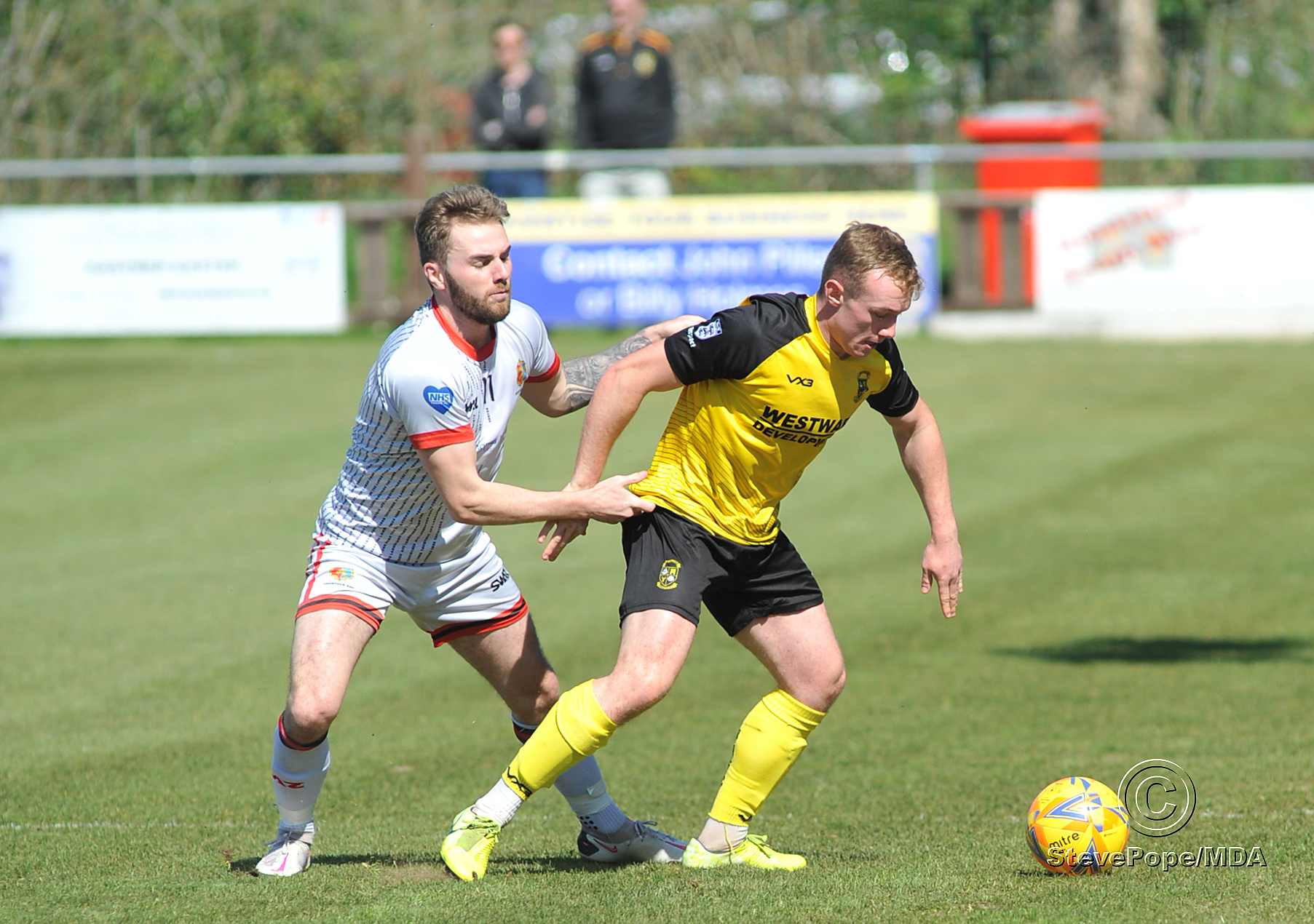 Action from Buckland Athletic’s hard-fought 0-0 draw at home to Tavistock on Good Friday.