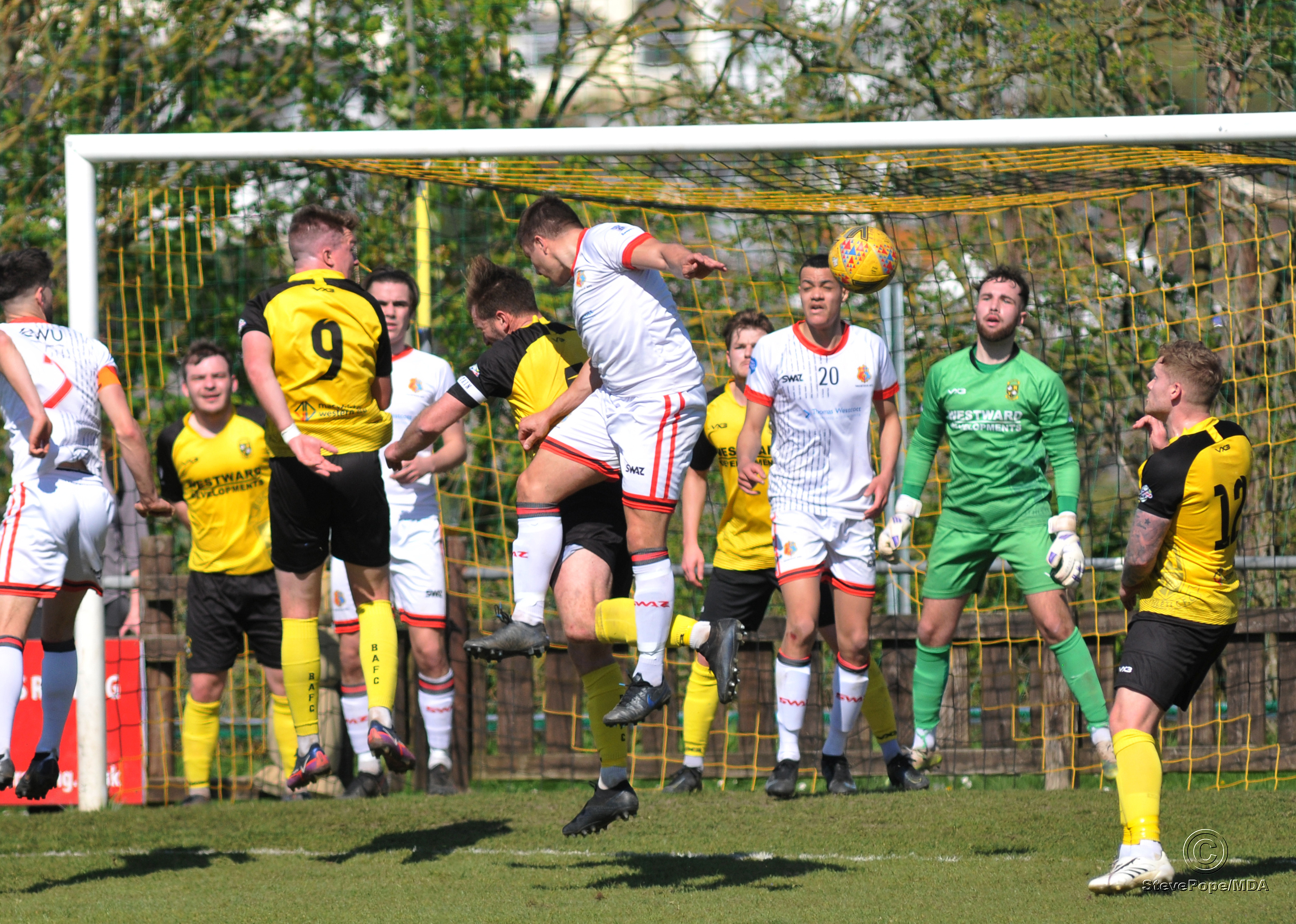Action from Buckland Athletic’s hard-fought 0-0 draw at home to Tavistock on Good Friday.