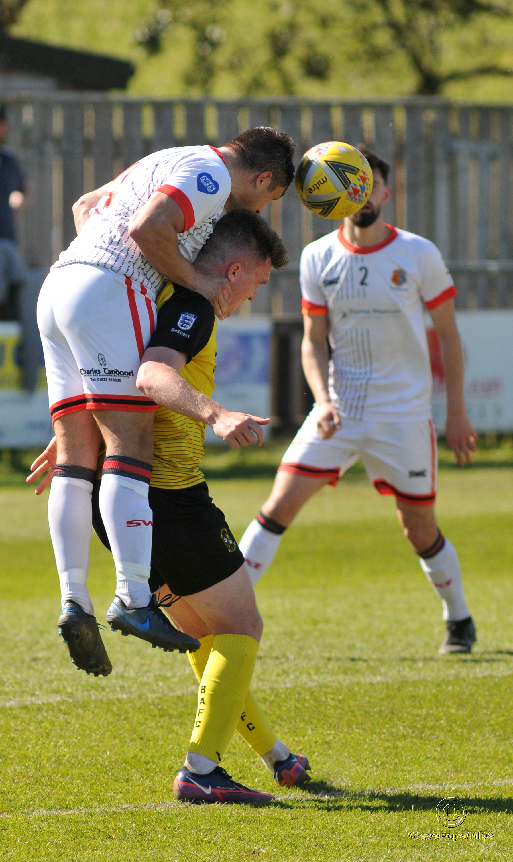 Action from Buckland Athletic’s hard-fought 0-0 draw at home to Tavistock on Good Friday.