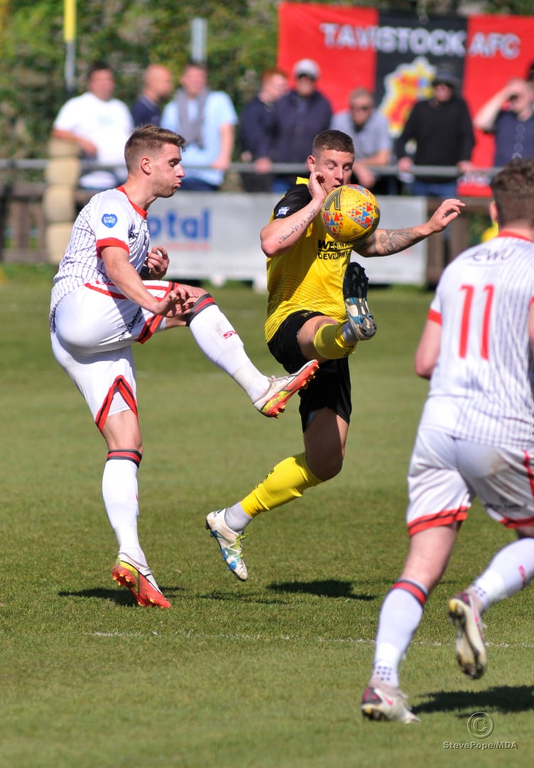 Action from Buckland Athletic’s hard-fought 0-0 draw at home to Tavistock on Good Friday.
