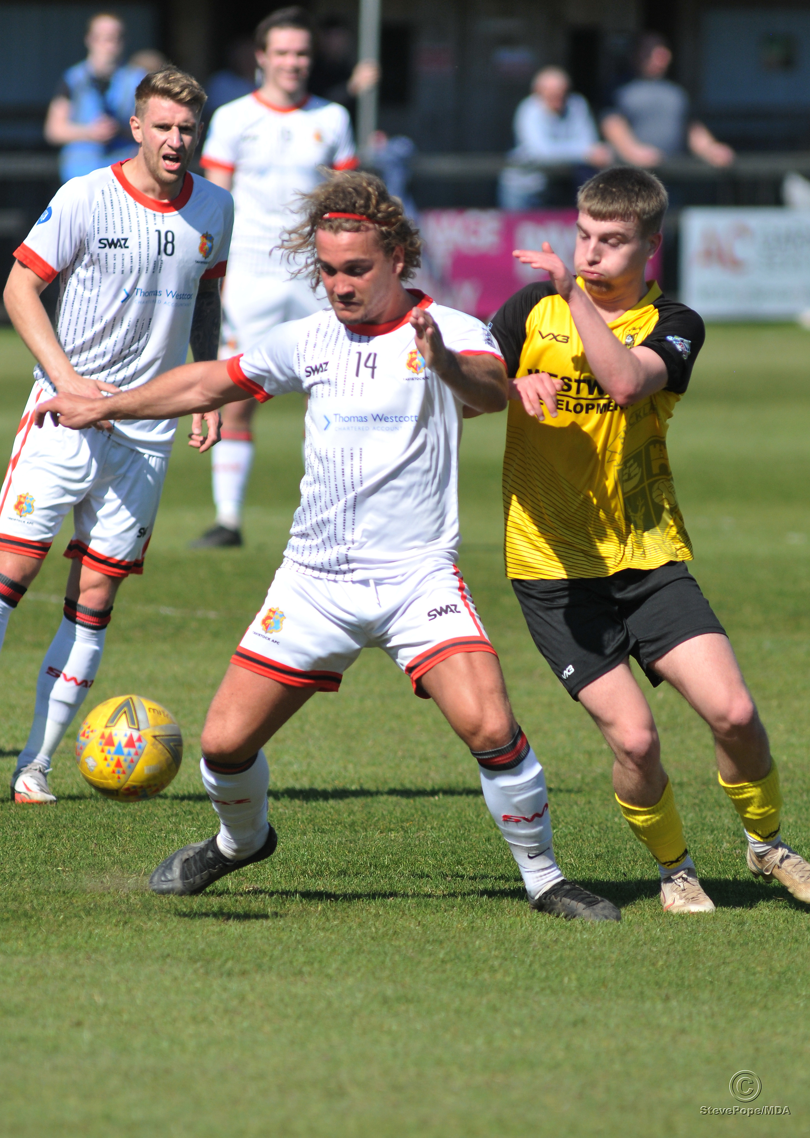 Action from Buckland Athletic’s hard-fought 0-0 draw at home to Tavistock on Good Friday.