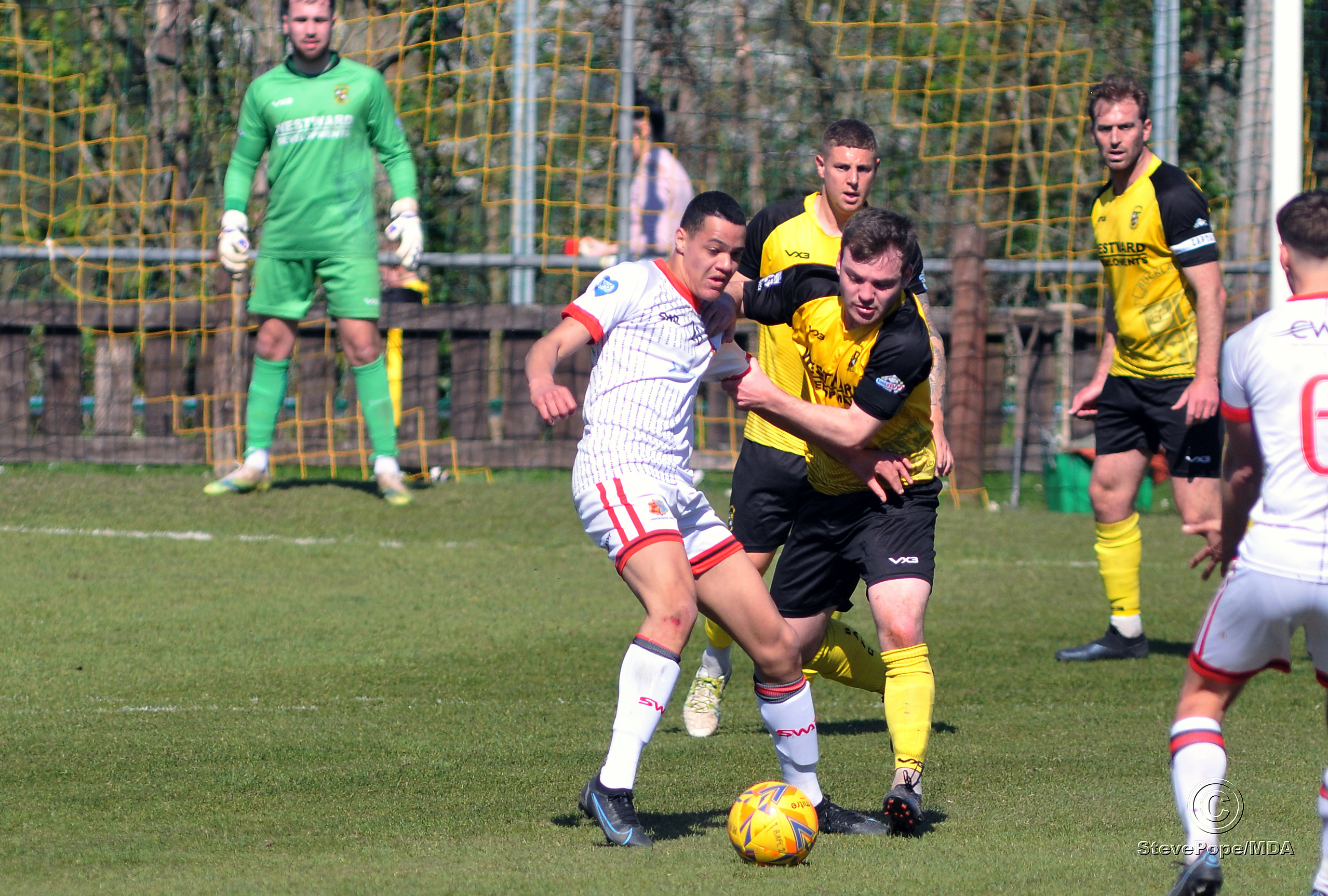 Action from Buckland Athletic’s hard-fought 0-0 draw at home to Tavistock on Good Friday.