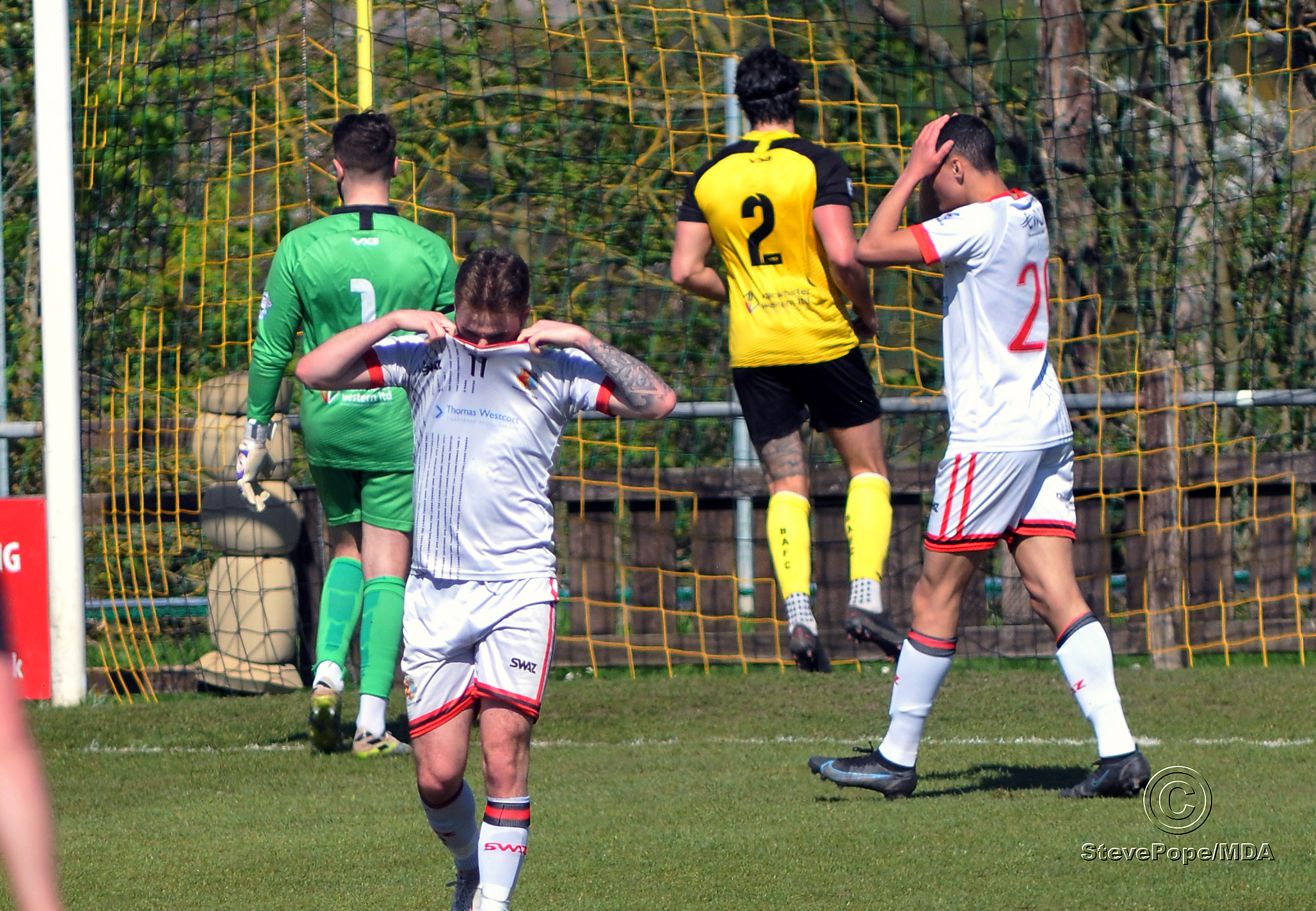 Action from Buckland Athletic’s hard-fought 0-0 draw at home to Tavistock on Good Friday.
