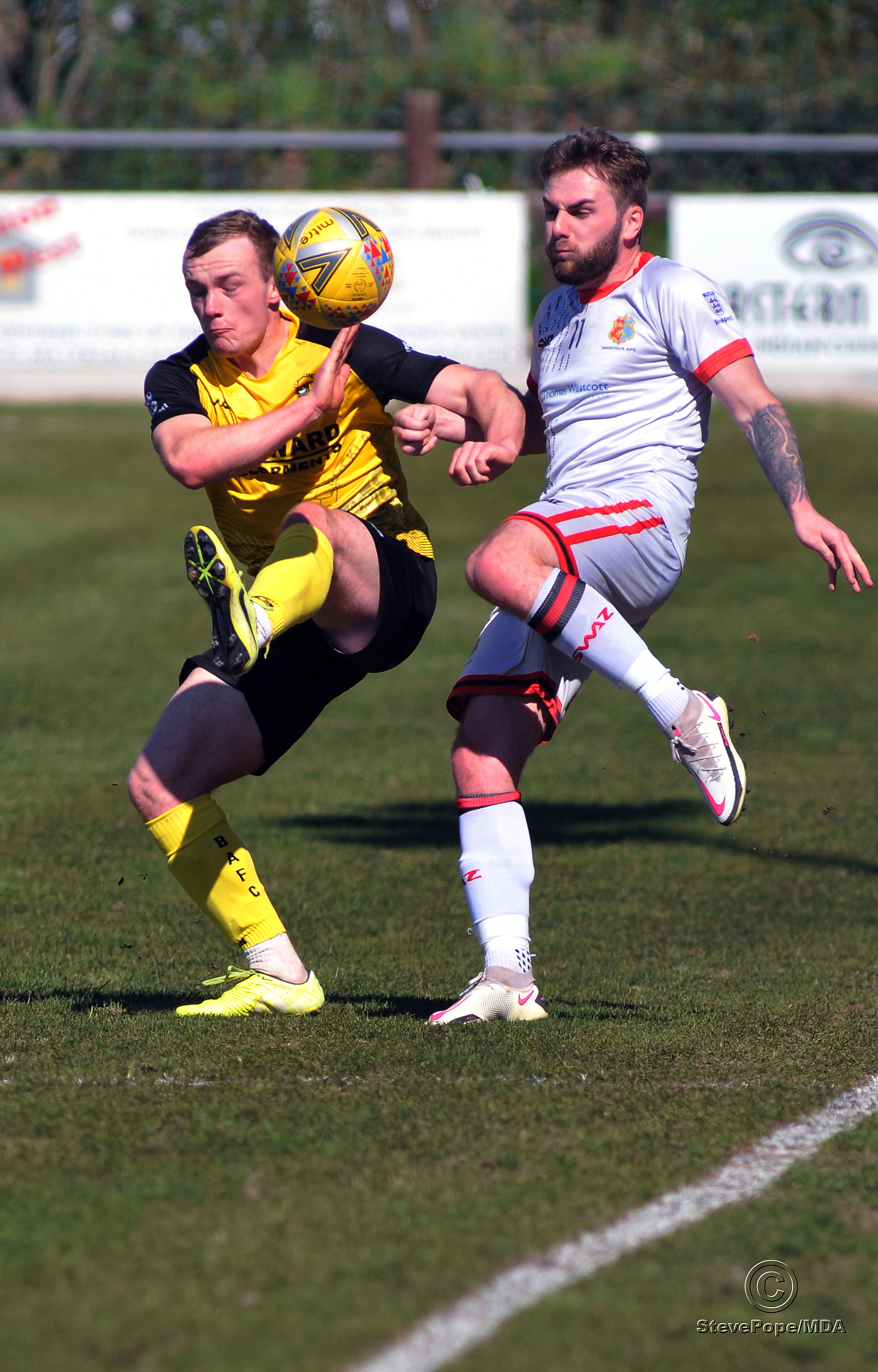 Action from Buckland Athletic’s hard-fought 0-0 draw at home to Tavistock on Good Friday.