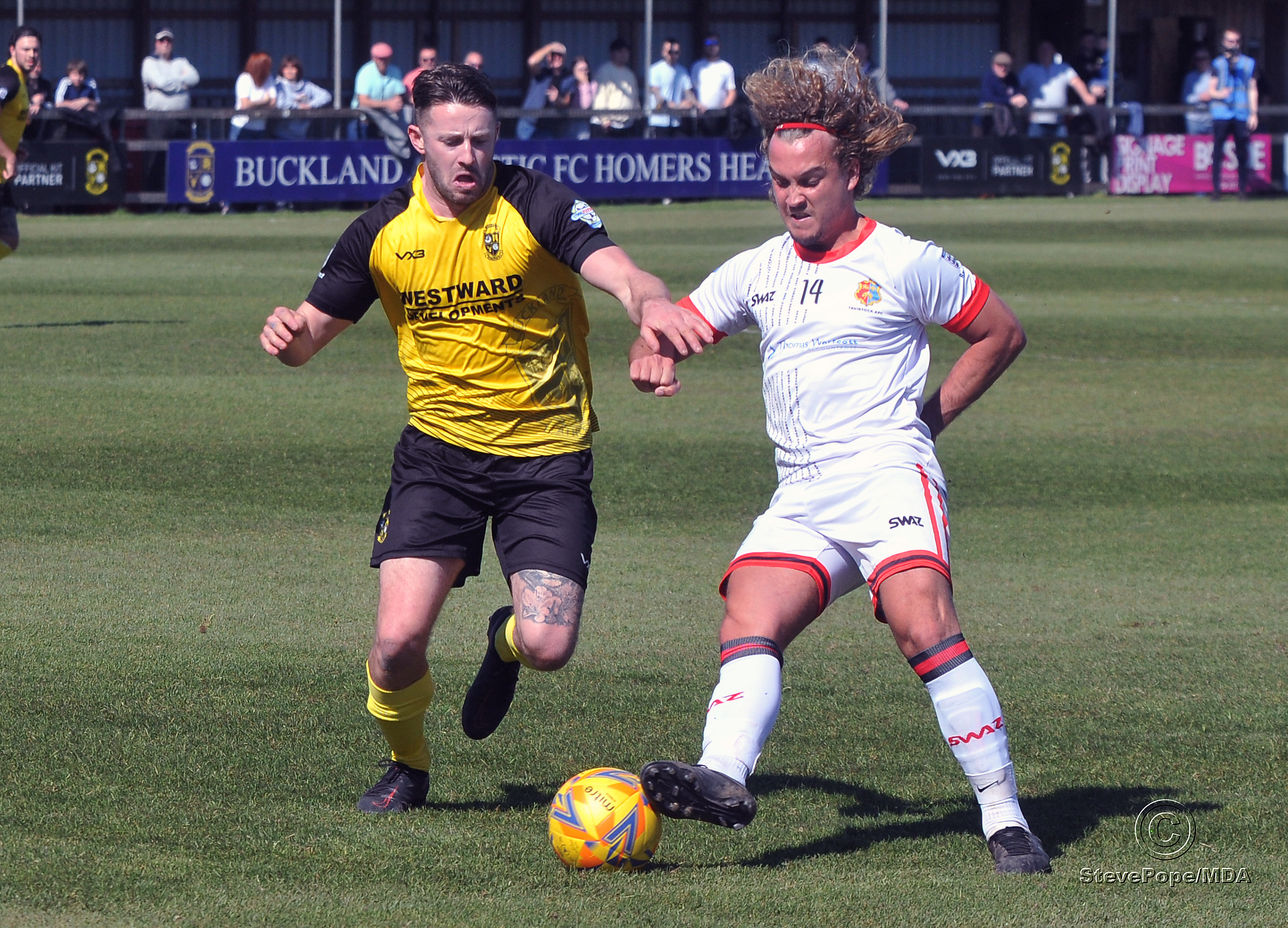 Action from Buckland Athletic’s hard-fought 0-0 draw at home to Tavistock on Good Friday.