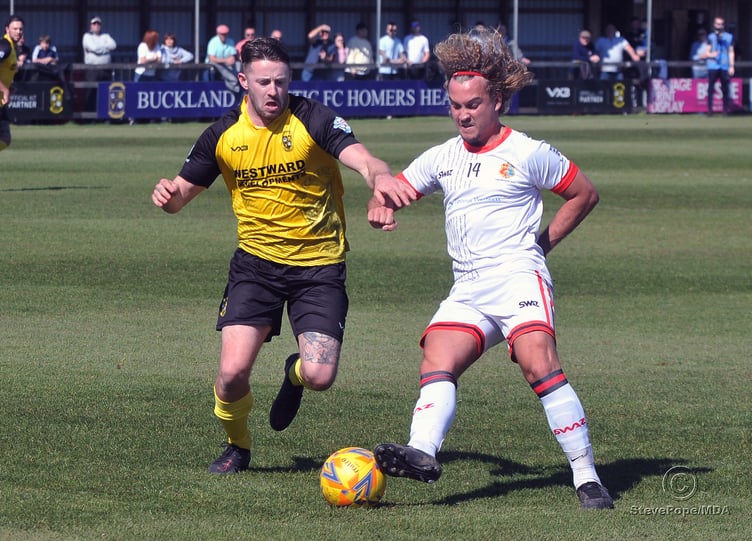Action from Buckland Athletic’s hard-fought 0-0 draw at home to Tavistock on Good Friday.